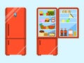 Full of food opened and close refrigerator. Fridge and fruit, freezer and vegetable. Flat design