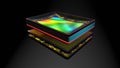Curved sensor for digital camera, prototype 3D rendering, stacked: matrix, magnetic bender, memory, processor