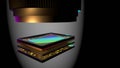 Curved sensor for digital camera with lens, prototype 3D rendering, stacked: matrix, magnetic bender, memory, processor