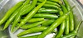 Full frame close up of a bunch of bright and shiny green chili peppers.