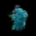Explosion of powder and smoke of color light blue and dark blue on a black background