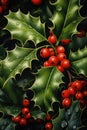 Full frame of holly and red berries background, created using generative ai technology Royalty Free Stock Photo