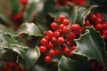 Full frame of holly and red berries background, created using generative ai technology Royalty Free Stock Photo