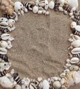 Full frame image of arrangement of seashells in frame shape on sand.