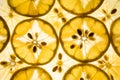 Lemon fruit round transparent slices on lighting background.