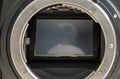 Full-frame 35mm 46megapixel BSI CMOS sensor and the metal mount of a modern DSLR camera close up photograph