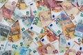 Full frame money background with a lot of different euro banknotes, finance and business concept, high angle view from above Royalty Free Stock Photo
