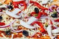 A full frame photograph of an uncooked vegetarian pizza waiting to be cooked Royalty Free Stock Photo