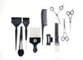 Full frame of professional hair dresser tools on white background. Royalty Free Stock Photo