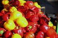Full frame of red and yellow peppers arranged in full light on a stall in the market Royalty Free Stock Photo