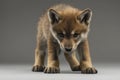 A full-frame shot of a baby wolf looking directly at the camera, with a gray studio background, front view Royalty Free Stock Photo