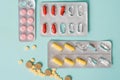 Full frame variation of medicine in blister packaging in pharmaceutical, medication concept background with multiple dosage form f