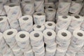 full frame view on large stacks of russian soft toilet paper rolls