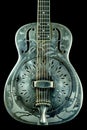 Full Front of: Vintage Resonator Acoustic Guitar Hawaiian Palm Tree Etching Steel Dobro National Royalty Free Stock Photo