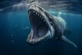 Full frontal view of a shark or whale creature about to attach with it\'s mouth wide open and sharp teeth