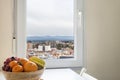 Full fruit bowl and window with views of the city