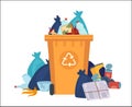 Full garbage bin. Overflowing recycling container with plastic bags and litter. Vector recycle can with pile of plastic