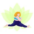 A full girl does yoga on a lotus background. Vector illustration of a girl who sits on a twine, in a flat style.