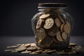 full glass jar of golden coins Generative AI Royalty Free Stock Photo