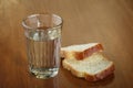 Full glass of water and two slices of bread on old wooden table