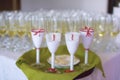 Full glasses of bubbly or champagne with four decorated ones separated on a green tray, for the bride, groom and witnesses Royalty Free Stock Photo