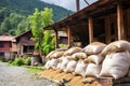 full grain sack outside a rustic mill in a mountain village