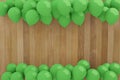 Full green balloons floating on wooden background room scene studio. cute minimal idea creative concept. 3D illustration