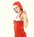 in full growth.beautiful young woman in Christmas suit. Royalty Free Stock Photo