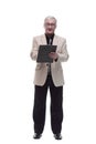 in full growth. Mature intelligent man with a clipboard. Royalty Free Stock Photo