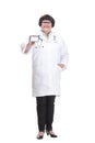 in full growth. senior female doctor showing her visiting card Royalty Free Stock Photo