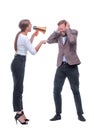 In full growth. young businesswoman shouting through a megaphone. Royalty Free Stock Photo