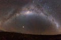 Full half-circle bending Milky way galaxy star shot across landscape