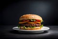 Full hamburger with tomato and lettuce on black background in a plate