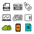 Full HD 1080p icon. Laptop statistics symbol. Cloud Security and Website Security icons. Shopping label sign Royalty Free Stock Photo