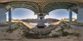 Full hdr 360 panorama under steel frame construction of huge car bridge across river in spherical equirectangular projection. VR