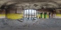 full hdri 360 panorama in abandoned empty concrete room or building aftermath of bombing and airstrike in spherical