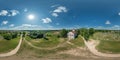 full hdri 360 panorama aerial view on neo gothic catholic church with columns in countryside or village in equirectangular