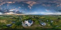 full hdri 360 panorama aerial view of orthodox temple or defense church in countryside with evening sky and sunset clouds in Royalty Free Stock Photo