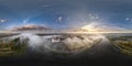 full hdri 360 panorama of earlier foggy morning and aerial view on medieval castle and promenade overlooking the old city and Royalty Free Stock Photo