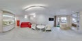 full hdri 360 panorama in interior of guest living room hall with kitchen in studio apartment with table and tv with red sofa in Royalty Free Stock Photo