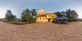 full hdri 360 panorama near hindu temple of goddess laxmi in jungle among palm trees in Indian tropic village in equirectangular