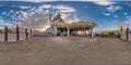 full 360 hdri panorama near tallest hindu shiva monument statue in india on mountain near ocean at sunset in equirectangular