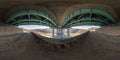 Full hdri 360 panorama under steel frame construction of huge car bridge across river in seamless spherical equirectangular