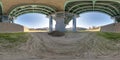 Full hdri 360 panorama under steel frame construction of huge car bridge across river in seamless spherical equirectangular