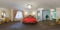 Full 360 hdri panorama view in bedroom room in luxury elite vip expensive hotel or apartment with red bed in equirectangular Royalty Free Stock Photo