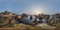 full hdri 360 panorama view on ocean on shore with rocks in equirectangular projection with zenith and nadir. VR AR content