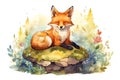 Full height cute happy fox resting in watercolour illustration, created with Generative AI technology