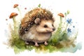 Full height cute happy hedgehog walking in grass in watercolour, created with Generative AI technology