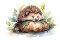 Full height cute happy hedgehog walking in grass in watercolour, created with Generative AI technology