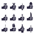 Full icons of various objects in human hands. Hands holding things. Hand with objects vector set Royalty Free Stock Photo